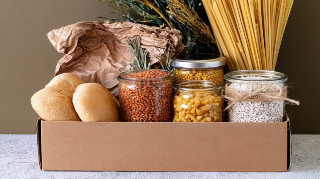 A cardboard box filled with various food items on a table