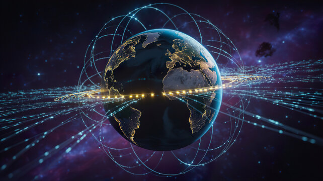 Digital illustration of Earth surrounded by binary code and glowing data streams in a cosmic background representing technology and connectivity