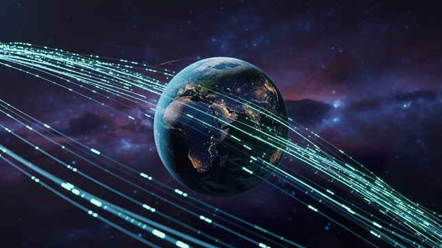 Earth in space surrounded by glowing binary code streams representing data transfer and digital connectivity in a cosmic background with stars and nebulae