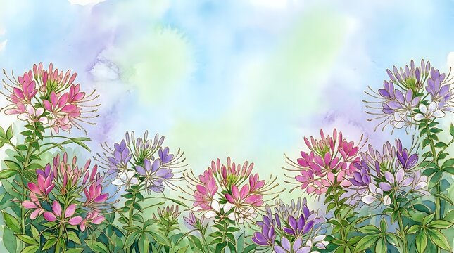 Watercolor cleome spider flowers in pink and purple hues with green foliage against soft pastel background for botanical art and garden design projects.