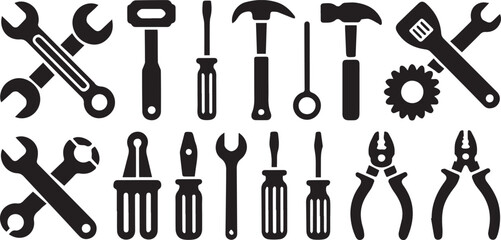 Obraz premium Set of black tools silhouettes wrenches hammers screwdrivers pliers and gear