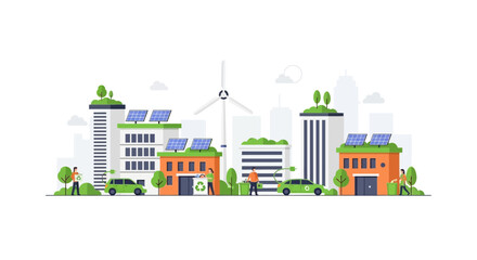 Eco-friendly city illustration with solar panels, wind turbine, green cars, and recycling © Pajek