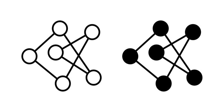 Neural network icon in outline and solid style, isolated on white background. Ideal for artificial intelligence, machine learning, and deep learning features in mobile and web design.
