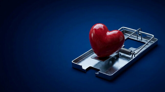 A glossy red heart sits on a metal mousetrap, symbolizing a dangerous attraction or a deceptive lure, suitable for concepts of risk and caution