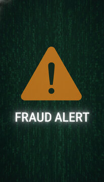 Orange warning triangle with exclamation mark and "FRAUD ALERT" text on binary code background, representing danger and digital security warning