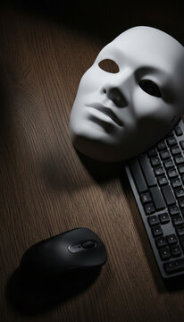 A white blank mask rests on a dark wooden surface next to a computer mouse and keyboard, symbolizing anonymity and the digital realm
