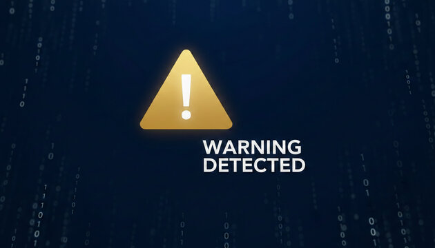 Yellow warning sign with exclamation mark and text "WARNING DETECTED" on a dark blue binary code background, symbolizing alert, danger, and system anomaly