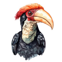 watercolor painting of Helmeted Hornbill, isolated on a white background. © trovexa