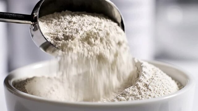 Close-Up of Metal Scoop Pouring Protein Powder Into White Bowl for Nutritional Supplementation and Fitness Goals