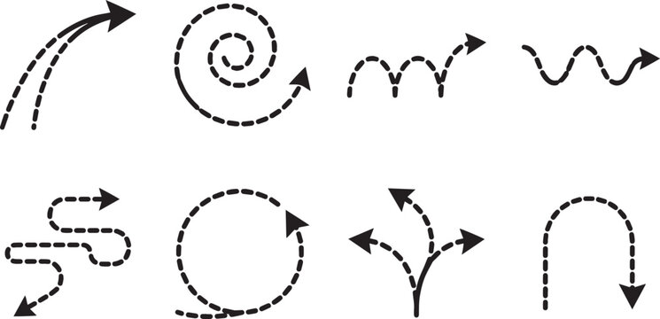 Dashed line arrow set black minimal vector dashed arrows collection with spiral and multi directional paths