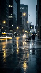 Fototapeta premium Rainy city street at dusk with wet pavement reflecting streetlights and blurred traffic in urban downtown district during evening rush hour.