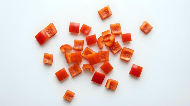 Orange plastic building blocks scattered on white background isolated for creative play and educational construction projects.