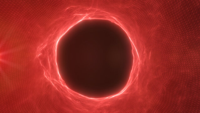 Red glowing energy ring around a dark void on a futuristic wireframe grid, abstract sci-fi portal background