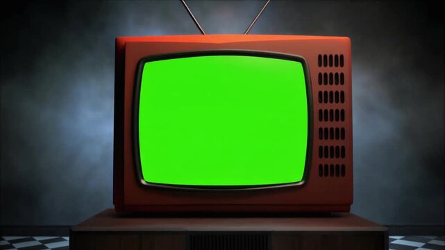 Retro TV turns on with static noise, then reveals eerie green screen in night horror mood, vertical format with luma matte and chroma key for reels.