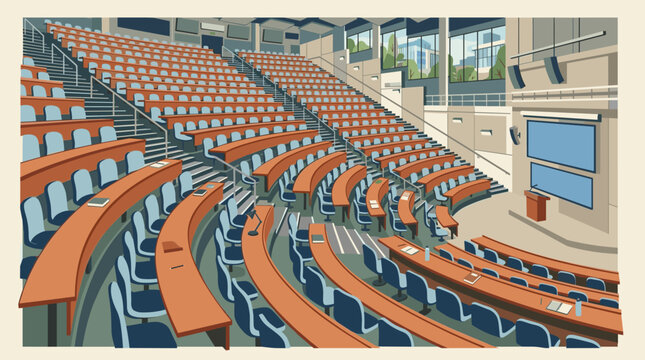 Empty university lecture hall with tiered seating and projection screens modern college auditorium interior with rows of desks and chairs for students vector illustration, Generative AI