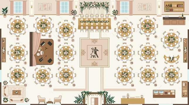 Top view of a wedding reception hall layout with round guest tables a sweetheart table a dance floor a stage for a band a bar and lounge area elegant event venue floor plan illustration, Generative AI