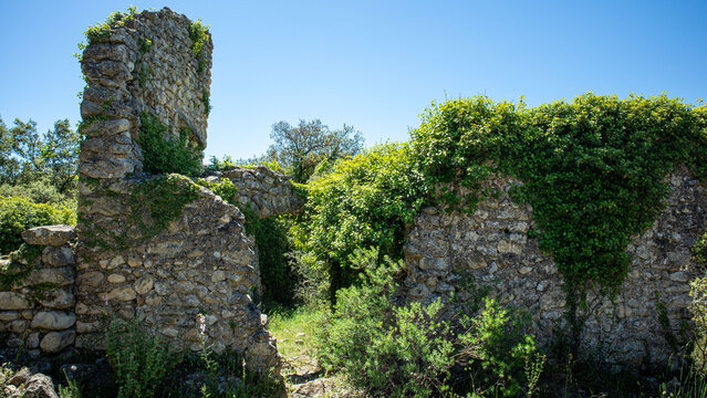 Ruins of ancient stone houses covered in ivy remain after the expulsion of the Moors in Spain