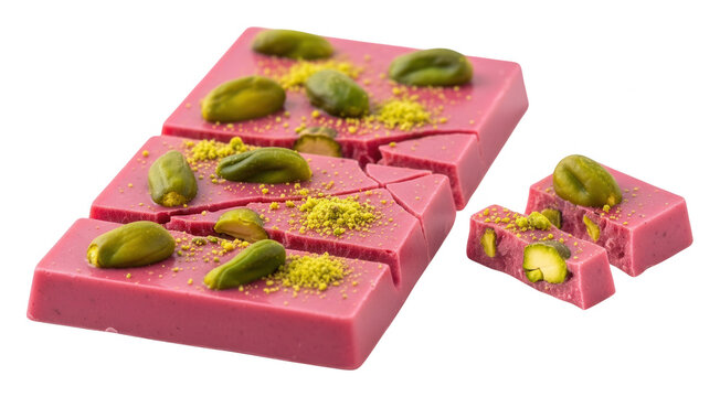 Ruby chocolate bar topped with whole green pistachios broken into pieces isolated transparent background image