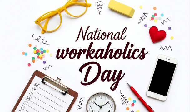 National Workaholics Day Flat Lay Office Supplies Clock Phone Glasses Notebook White Background Overhead