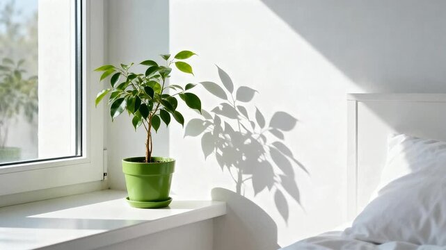 Green potted plant on windowsill with morning sunlight creating leaf shadow on white wall