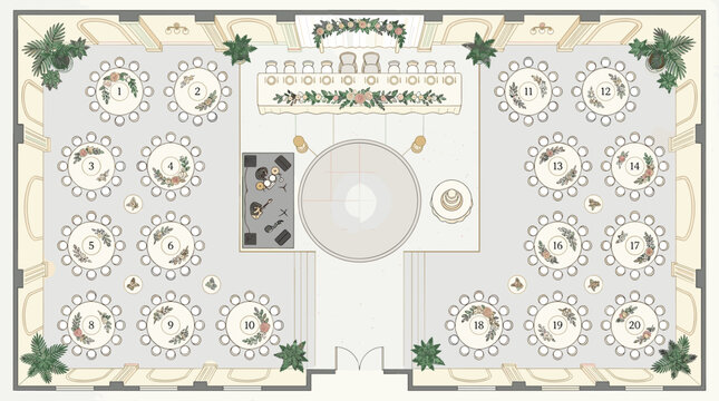 Wedding reception floor plan with numbered tables head table dance floor and band stage in a ballroom setting, Generative AI