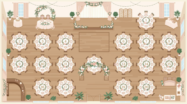 Wedding reception hall interior with round tables chairs dance floor stage and floral decorations top view vector illustration, Generative AI