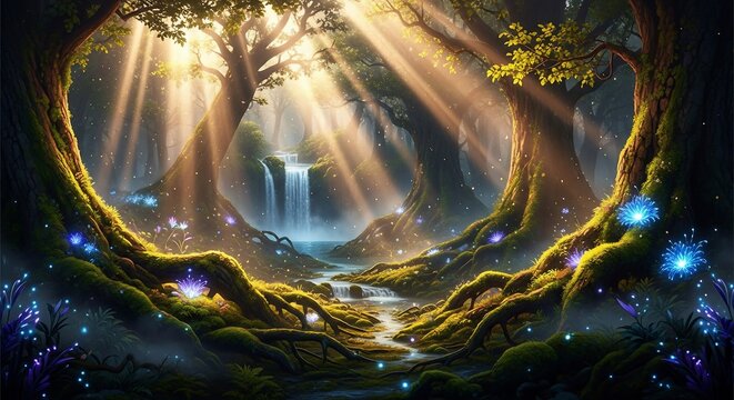 Mystical forest scene with glowing fireflies and sunbeams through trees