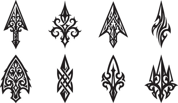 Tribal arrowhead tattoo set vector black ornamental arrow and spearhead silhouettes