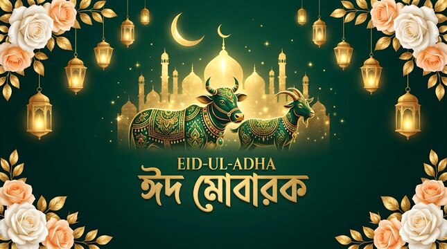 Eid ul adha mubarak greeting card with bulls and mosque in background