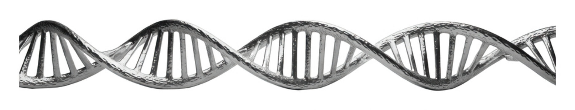 Shiny textured silver DNA strand model with reflective chrome finish isolated transparent background image