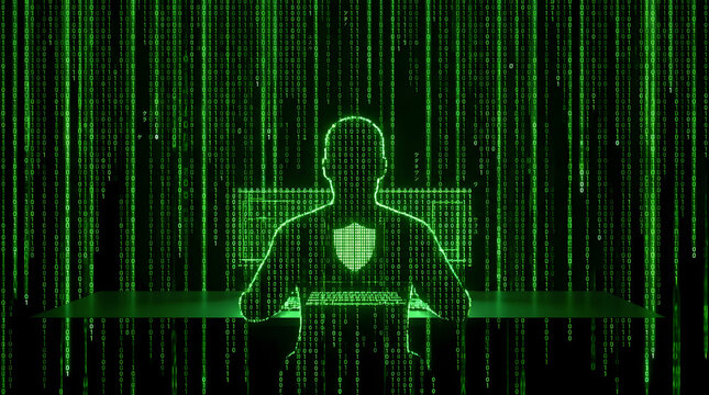 Cybersecurity analyst silhouette in green binary code rain