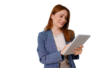 Fototapeta premium Smiling business professional with red hair interacting with a digital tablet. Transparent background