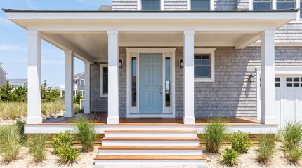 Fototapeta premium Coastal white column portico, Pale blue front door, Shingle siding facade, Wide covered entry, Beach grass landscaping, Bright exterior