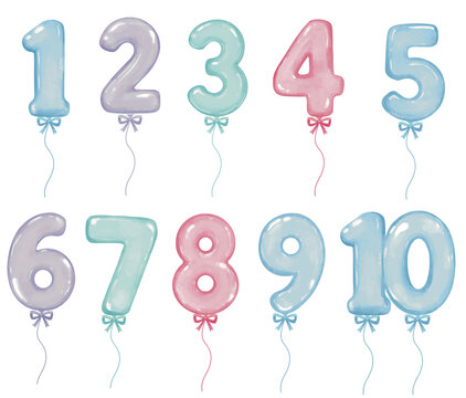Pastel Watercolor Number Balloons Set 1 to 10 for Birthday Celebration