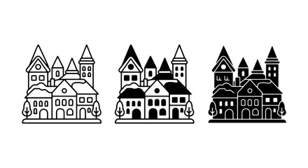 Fototapeta premium Charming Village Buildings Vector Set: Outline, Filled, Silhouette Icons for Urban Design & Architecture Concepts