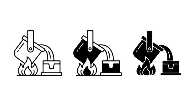 Metal Casting Process Icons, Foundry Pouring Molten Metal into Mold, Industrial Manufacturing Vector Set