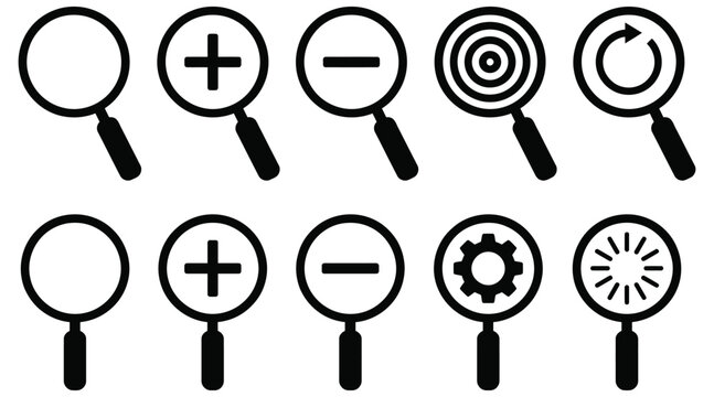 Collection of magnifying glass search icons with various symbols
