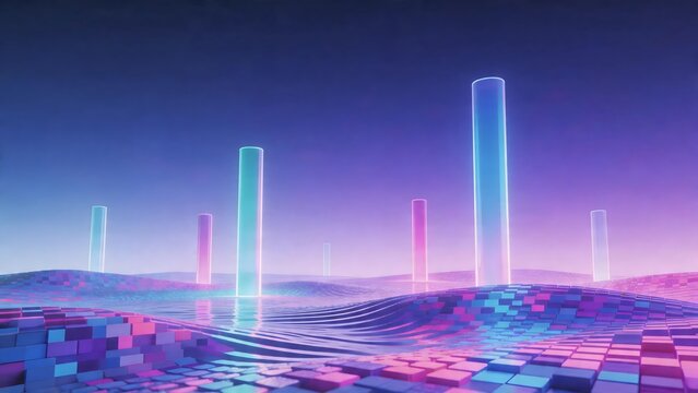 Futuristic neon landscape with glowing pillars