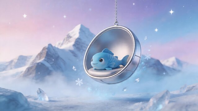 Blue fish in floating pod against snowy mountains