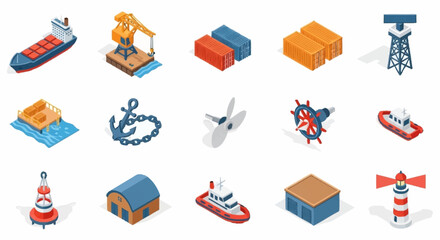 Set of isometric icons representing maritime industry and shipping elements, including ships, containers, and port equipment. © Bunga