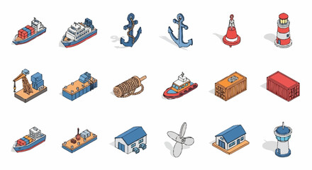 Collection of isometric maritime and shipping icons including ships, anchors, buoys, lighthouses, and port buildings. © Bunga