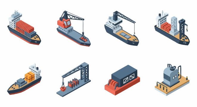 Set of isometric industrial ships and cranes, representing maritime logistics and cargo transport.