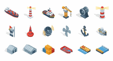 Collection of isometric marine and industrial icons including ships, lighthouses, cranes, anchors, and buoys. © Bunga