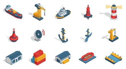 Set of isometric marine and port icons including cargo ship, tugboat, lighthouse, buoys, crane, anchor, warehouse, and boat. © Bunga