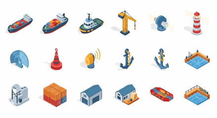 Collection of isometric icons representing maritime and port elements, including ships, cranes, buoys, and buildings. © Bunga