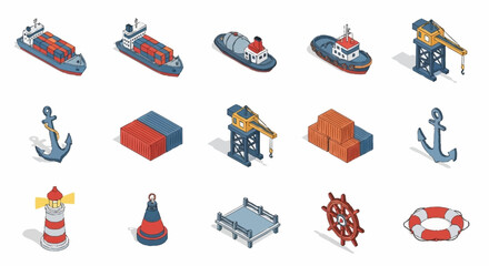 Collection of isometric maritime and port icons including ships, cranes, anchors, buoys, and lighthouses. © Bunga