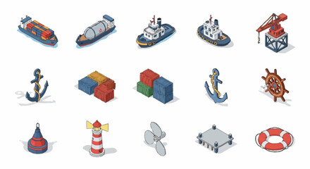 Collection of isometric maritime and marine icons including ships, anchors, buoys, and a lighthouse. © Bunga