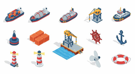 Collection of isometric maritime and port icons including ships, cranes, buoys, anchors, and lighthouses. © Bunga