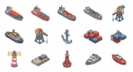 Collection of isometric maritime and shipping icons including cargo ships, tugboats, cranes, buoys, and lighthouses. © Bunga