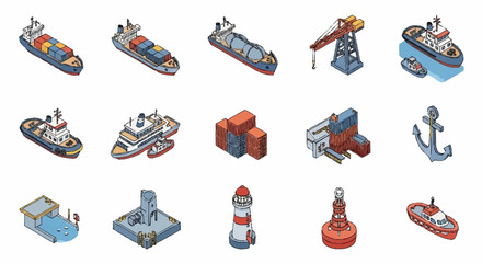 Collection of isometric maritime and shipping icons including various vessels, cranes, and buoys. © Bunga